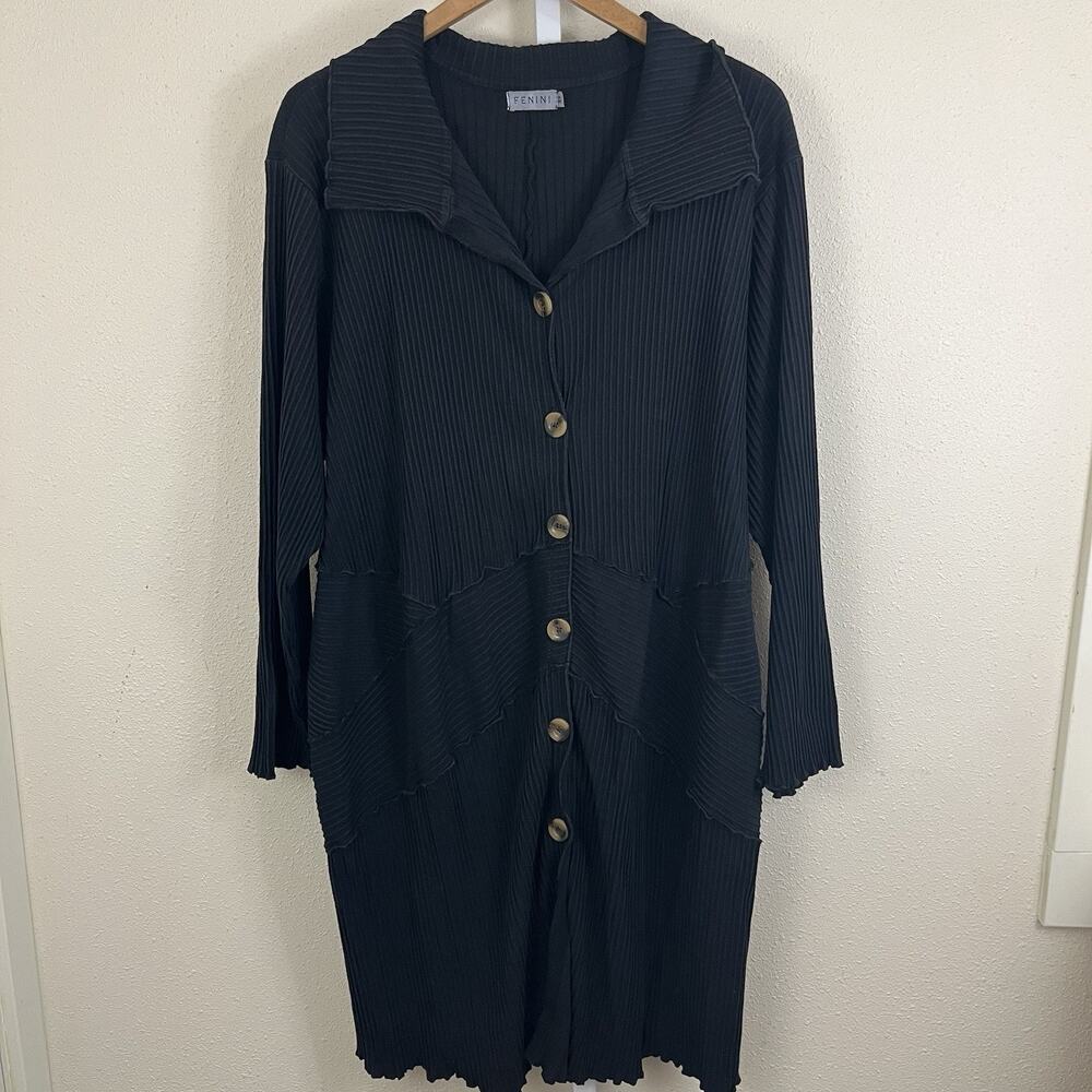 Fenini 3X Textured Stripe Patchwork Shirt Dress Button Front Black Artsy